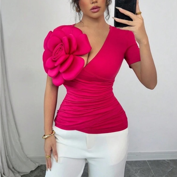 Deep V-Neck 3D Flower Ruched Waist Slim Fit Short Sleeve Top Blouse Shirt Pink - Picture 5 of 5